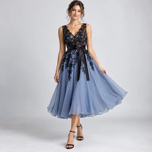 Periwinkle Blue and black lace tea-length dress Periwinkle Blue tea-length dress with a black lace bodice and tie waist, on a plain studio background