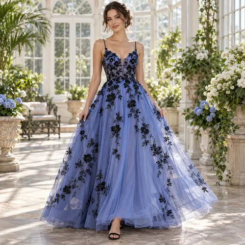 Periwinkle Blue and black lace ball gown Periwinkle Blue ball gown with black floral lace appliqué and spaghetti straps, conservatory setting