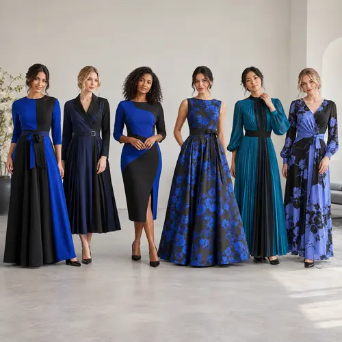 Six blue shades under the same studio lighting Six blue and black dress shades lined up under the same studio lighting: royal blue, navy, cobalt, floral navy, teal and periwinkle