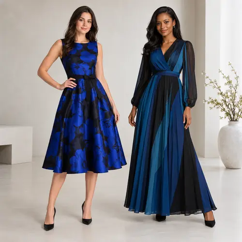 Royal blue floral dress and teal ombré chiffon gown Royal blue and black floral fit-and-flare midi dress beside a teal-to-navy ombré chiffon gown with sheer sleeves