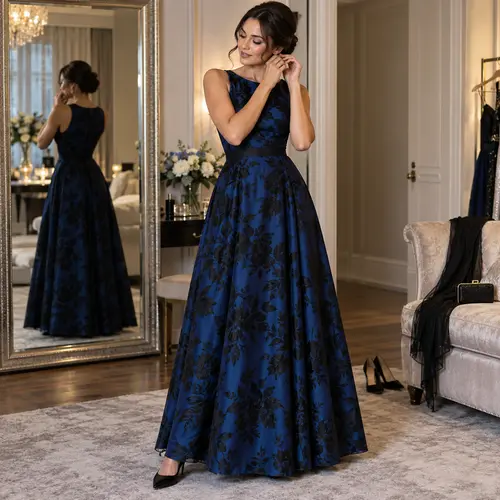 Navy blue and black floral jacquard ball gown with a boat neckline, shown in a boutique fitting room with a full-length mirror