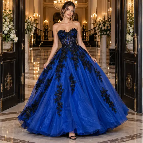 Royal blue ball gown with black floral lace appliqué and a strapless sweetheart bodice, grand entryway