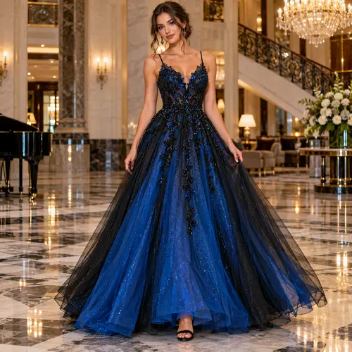 Blue and black glitter tulle prom gown Blue and black glitter tulle ball gown with a beaded V-neck bodice, marble hotel lobby