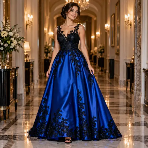 Royal blue and black lace ball gown Royal blue satin ball gown with black floral lace appliqué, sleeveless V-neck bodice, in a marble hallway