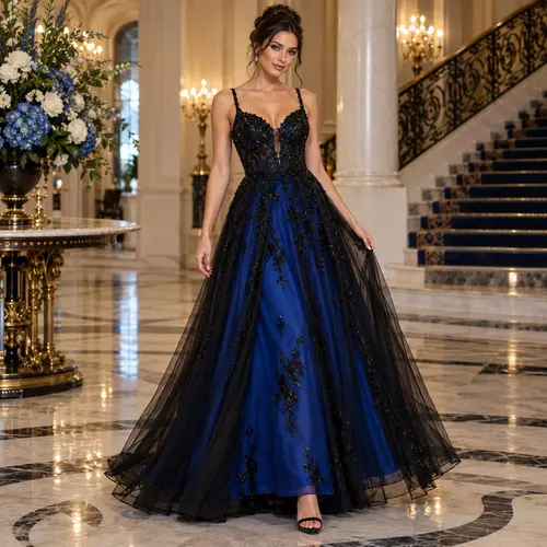 Sapphire Blue and black tulle ball gown Sapphire Blue and black tulle ball gown with a beaded bodice and full skirt, grand staircase setting