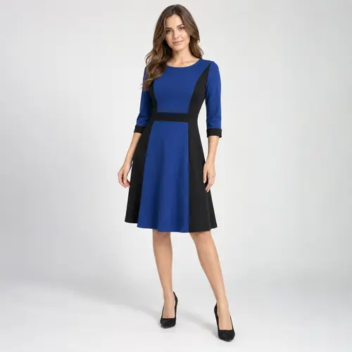 Navy blue and black dress, modest neckline Navy blue and black colour-block dress with elbow-length sleeves, front view showing the modest round neckline