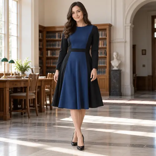 Navy blue and black dress in a library setting Navy blue and black colour-block dress with long sleeves in a wood-panelled library with tall bookshelves