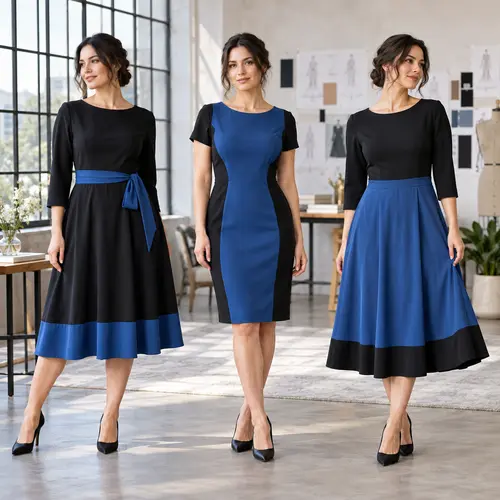 Blue and black colour-block dresses in daylight Three blue and black colour-block dresses photographed in daylight from a large loft window