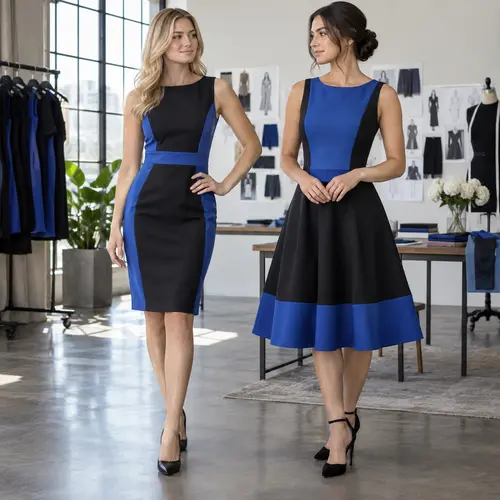 Blue and black colour-block dresses in a design studio Two blue and black colour-block dresses in a design atelier surrounded by fashion sketches