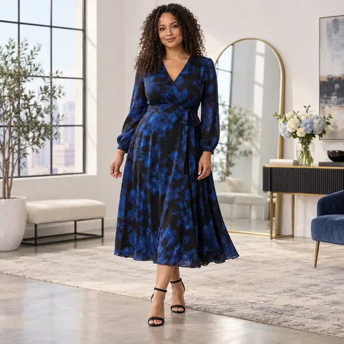 Plus-size navy blue and black floral wrap midi dress Plus-size navy blue and black floral wrap midi dress on a model with warm skin tone, bright loft setting