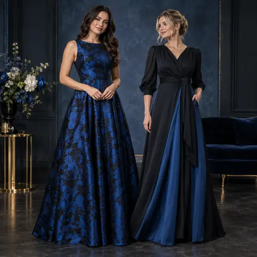 Navy blue jacquard ball gown and satin sash dress Navy blue and black satin jacquard ball gown beside a black dress with a navy blue satin wrap sash, dark moody interior