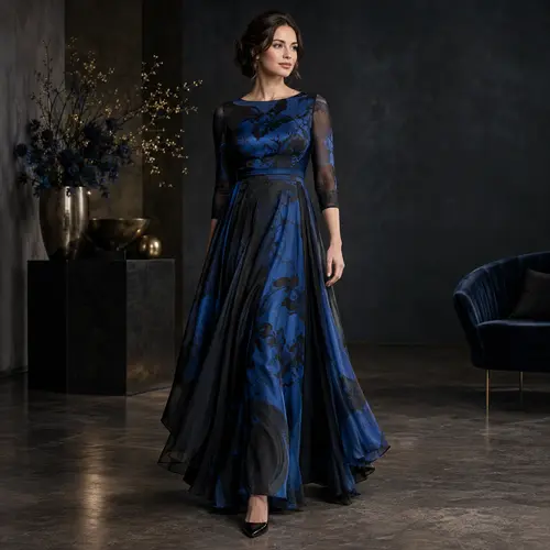 Navy blue and black floral organza gown Navy blue and black floral organza gown with sheer three-quarter sleeves, dark moody interior with a floral arrangement