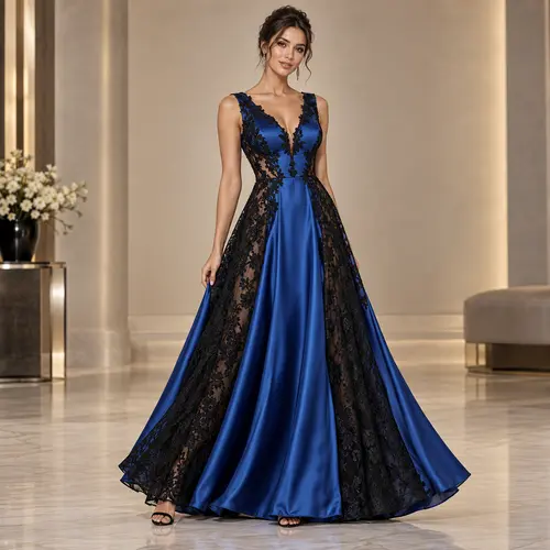 Royal blue satin gown with sheer black lace side panels and a V-neck bodice, hotel lobby setting