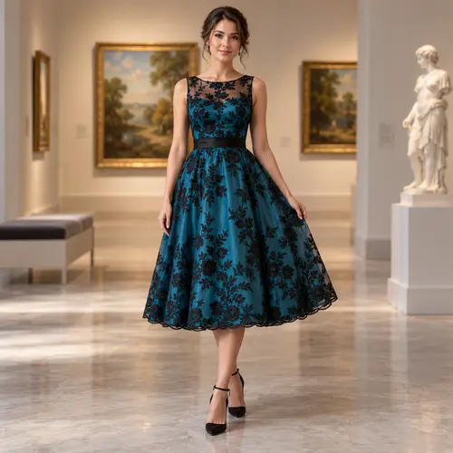 Teal Blue and black floral lace tea-length dress in a gallery setting with framed paintings