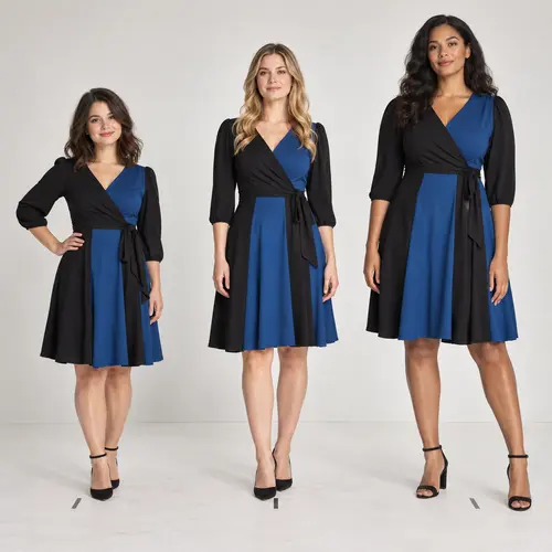 One colour-block dress, three heights The same navy blue and black colour-block dress shown on three models of different heights