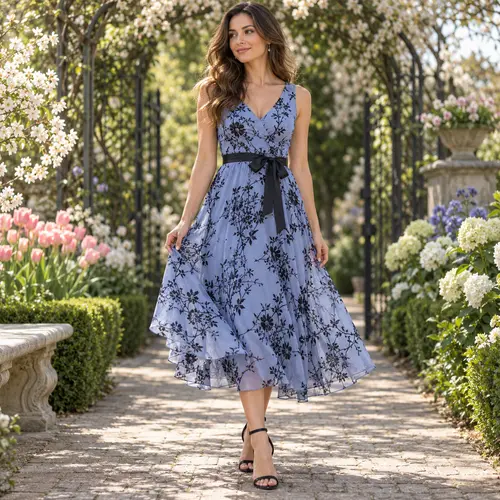 Spring blue and black floral wrap dress Blue and black floral wrap dress on a garden path lined with blossoming trees, spring daylight