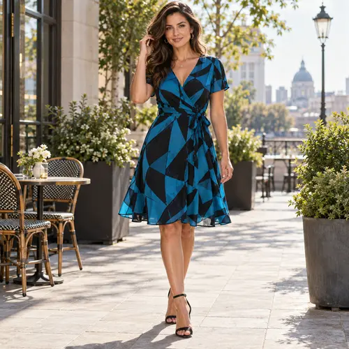 Summer teal blue and black geometric print dress Teal Blue and black geometric-print wrap dress on a sunny city terrace