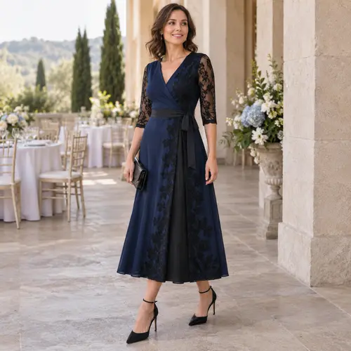 Navy and black lace wrap tea-length dress Navy and black lace long-sleeve wrap tea-length dress, wedding reception venue with table settings