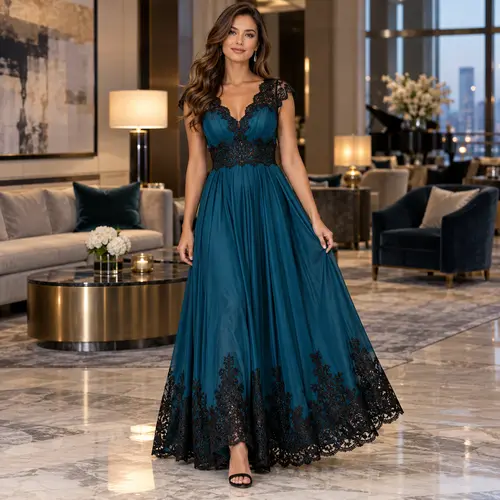 Teal Blue and black lace-trim evening gown Teal Blue and black lace-trim A-line gown with a scalloped neckline, indoor lounge setting