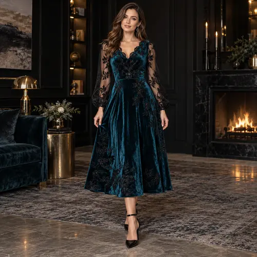 Teal Blue velvet and black lace midi dress Teal Blue velvet midi dress with black floral lace sleeves, by a fireplace
