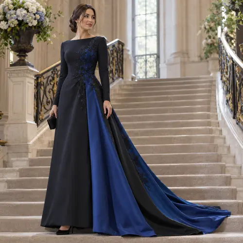 Navy blue and black beaded lace gown with long sleeves and a dramatic train, grand staircase setting