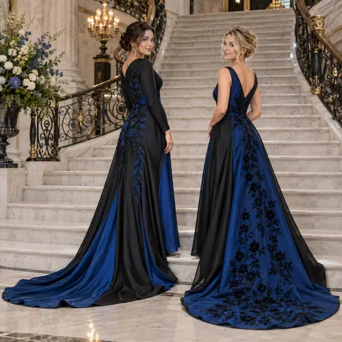 Back view of two blue and black floral gowns with trains on a marble staircase, one long-sleeve and one sleeveless V-back