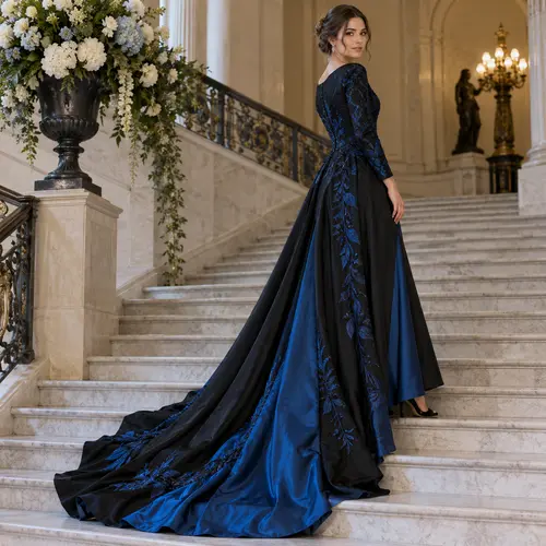 Navy blue and black floral gown with a long train, shown descending a marble staircase from behind