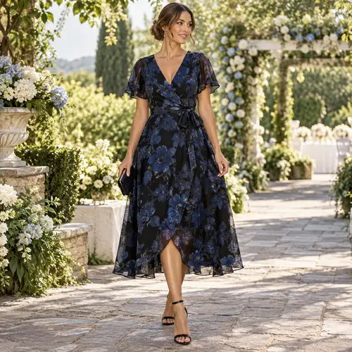 Blue and black floral midi dress with flutter sleeves and a tie waist, outdoor garden wedding venue