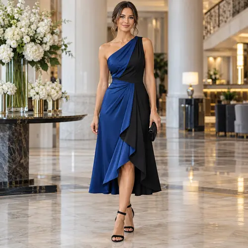 Navy Blue and black one-shoulder wedding guest dress Navy Blue and black asymmetric one-shoulder midi dress with a draped skirt, hotel lobby setting