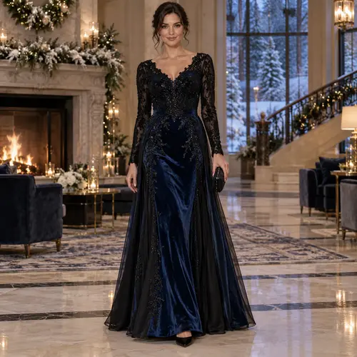 Winter navy blue velvet and black lace gown Navy Blue velvet gown with a black lace bodice and three-quarter sleeves, beside a fireplace decorated for the holidays