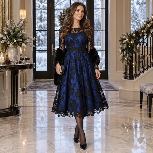 Winter navy blue and black lace midi dress Navy Blue and black floral lace midi dress with long sleeves in a marble entryway decorated for winter